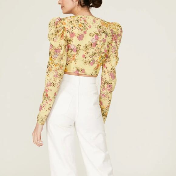 Hemant and Nandita Yellow Floral Crop Top XS Hippie Gypsy Plunging Princess $238 - Picture 2 of 11